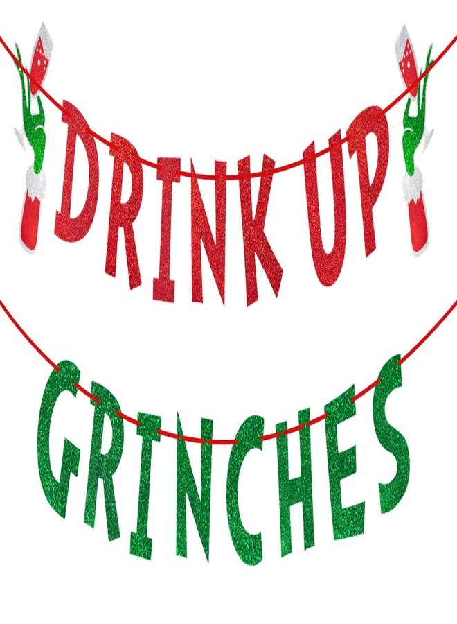 Lukinuo Drink Up Christmas Decorations Red Green Glittery Xmas Banner Green Monster Christmas Banners for Xmas Party Backdrop Decoration - Image 1